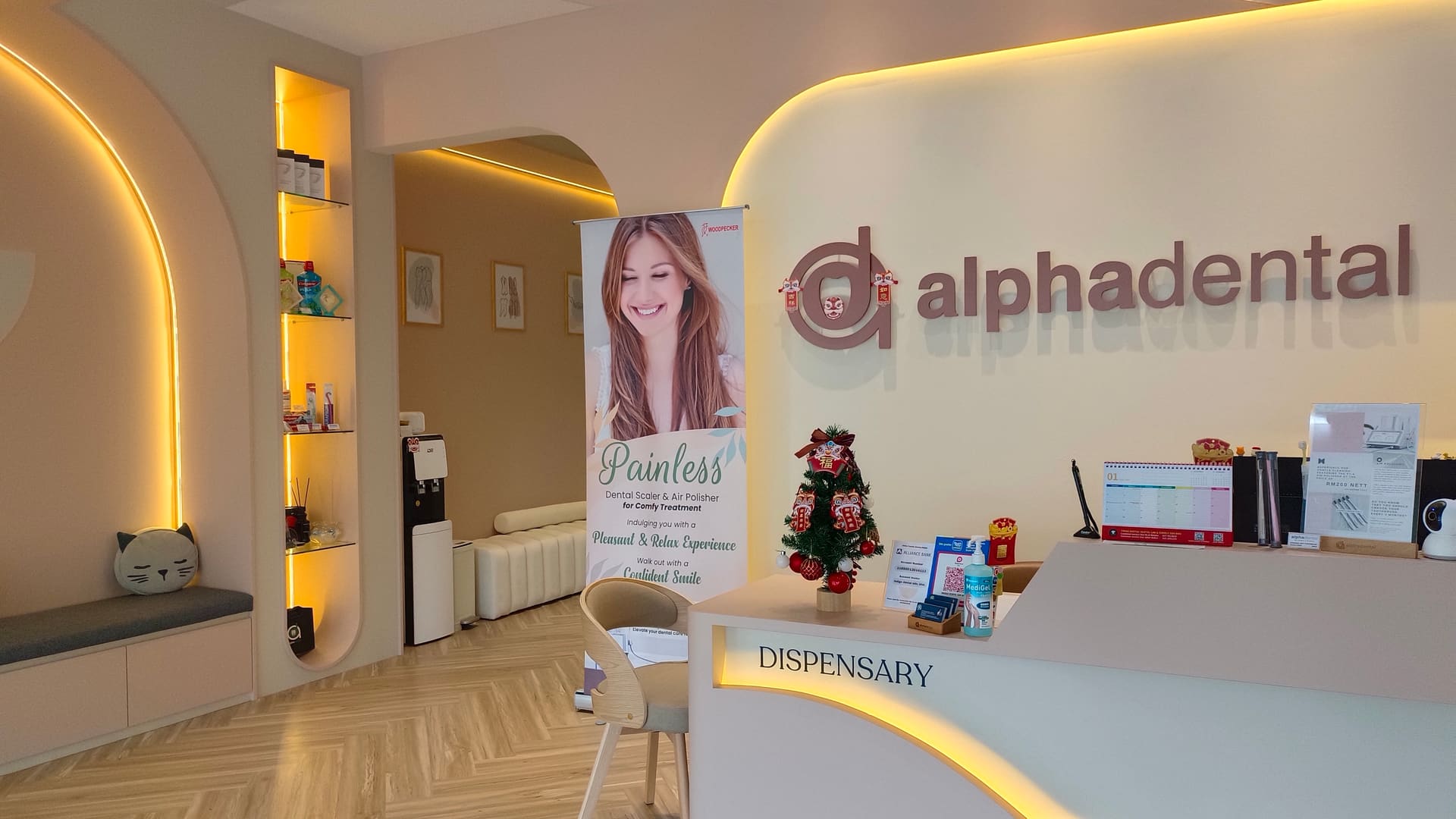 Reception and dispensary area at Alpha Dental, Sutera Utama, Skudai